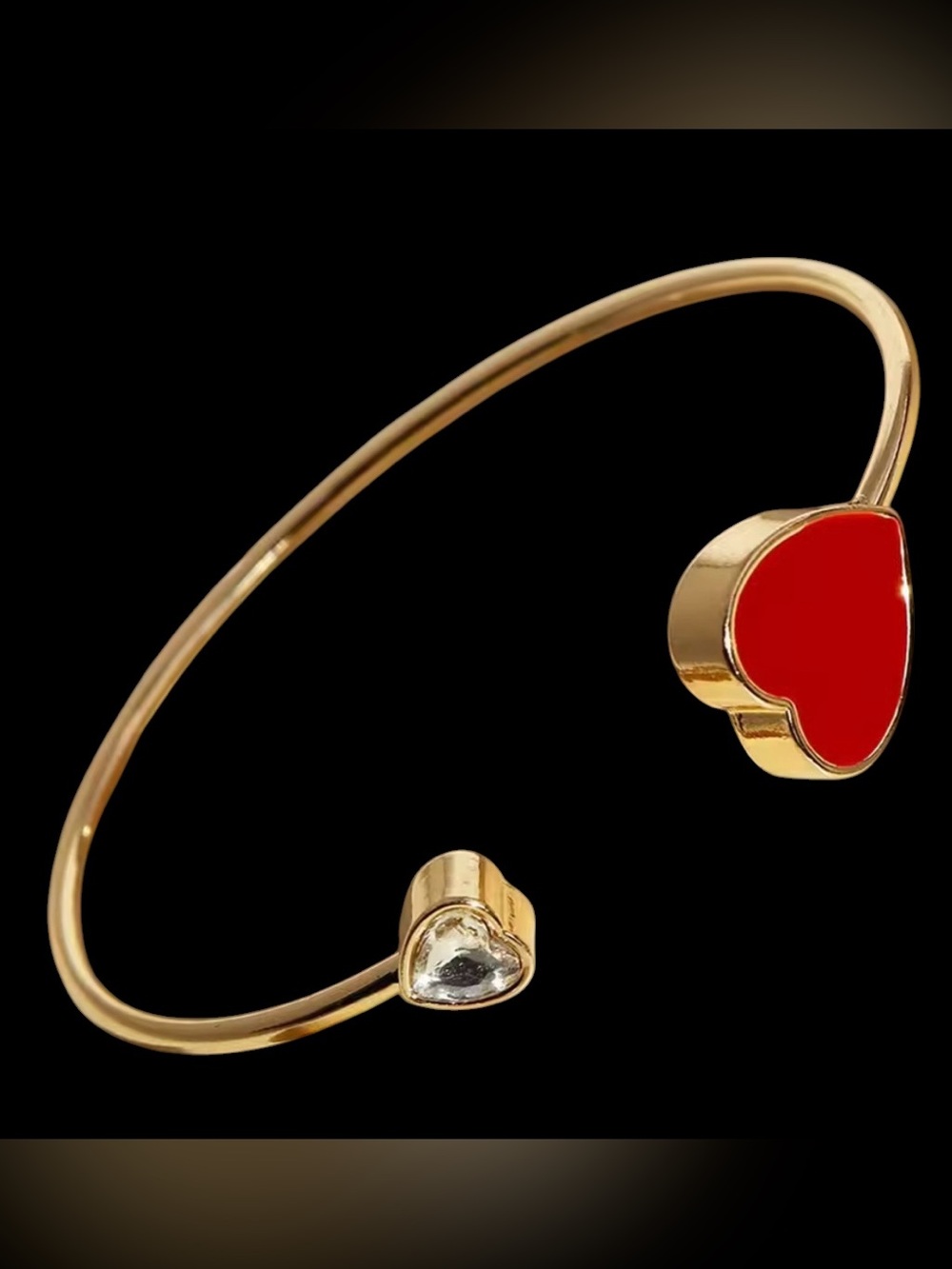 Gold Red Heart Open Cuff Bracelet – CZ Crystal Accent ❤️